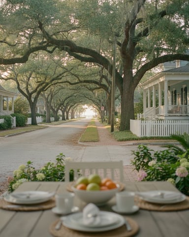 Tree-lined residential street with colonial homes and white porches, viewed from a porch table set with place settings and fruit bowl