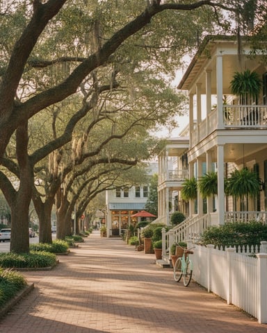 Tree-lined brick street with historic white colonial homes, wraparound porches, and hanging moss