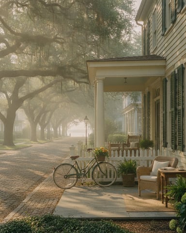 Front porch with wicker chair and bicycle, tree-lined avenue with Spanish moss in misty morning light