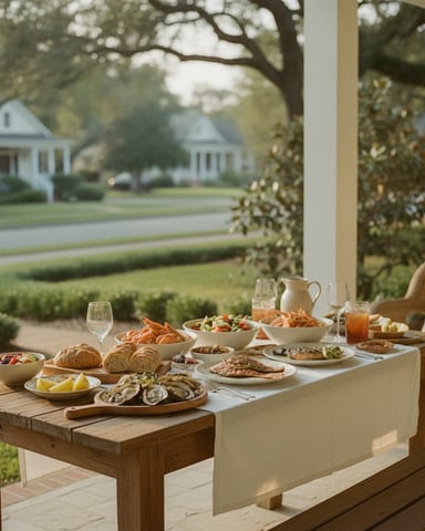 Outdoor patio table with spread of food and drinks, overlooking manicured lawn and white colonial houses