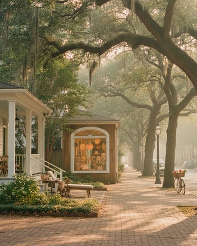 Cottage with white porch beneath towering oak trees draped in Spanish moss along brick pathway