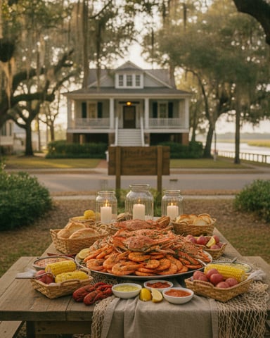 Outdoor table with seafood spread and candles, white house visible through tree-lined driveway