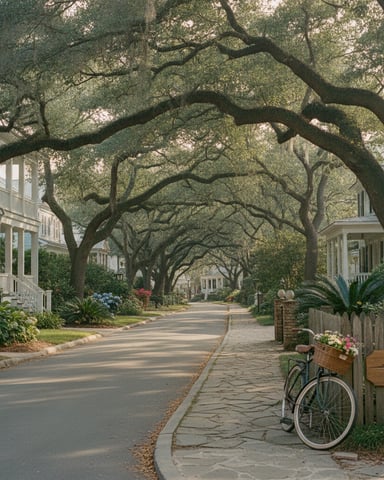 Tree-lined residential street with white colonial homes, brick sidewalk, and bicycle leaning against picket fence
