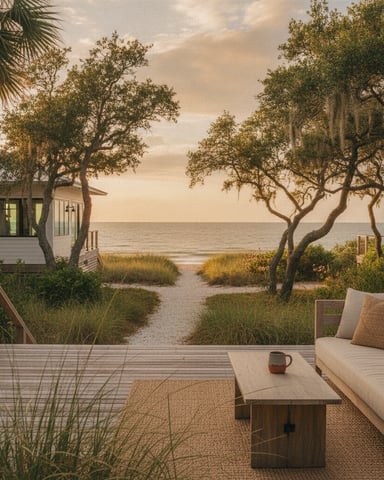 Beachfront cottage with white exterior, wooden deck with seating, gnarled oak trees, and ocean view at sunset
