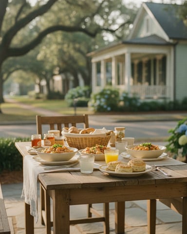 Outdoor dining table set with salads, biscuits, and juice on a patio, with a cottage and large oak tree in the background