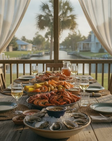 Dining table set with seafood spread including oysters, crawfish, and corn overlooking waterfront homes and palm trees through open curtains.