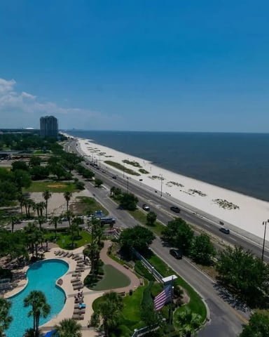 Beachfront high-rise condo with pool, palm trees, and sandy beach with ocean view