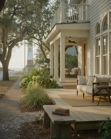 Covered porch with cushioned seating, large windows, and landscaped garden with mature oak tree