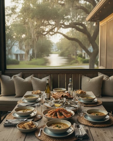 Window seat with cushions overlooking tree-lined waterway, table set with soup bowls, oysters, seafood, and wine bottles