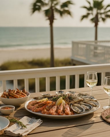Seafood platter with oysters, shrimp, and fish on beachfront deck overlooking ocean and palm trees