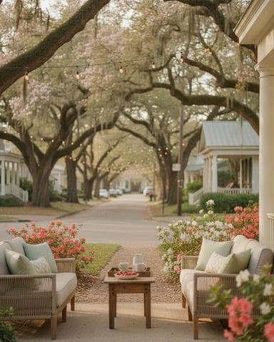 Front porch with wicker chairs and flowering plants beneath large oak trees draped with Spanish moss