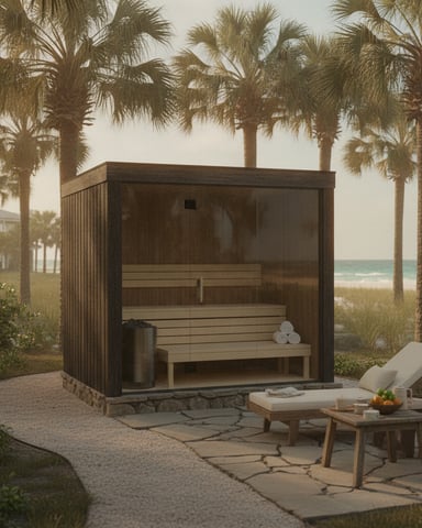 Modern sauna structure with glass front and wooden benches on beach patio surrounded by palm trees and ocean view
