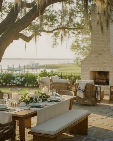 Outdoor patio dining setup under large oak tree with Spanish moss, overlooking water and brick fireplace.