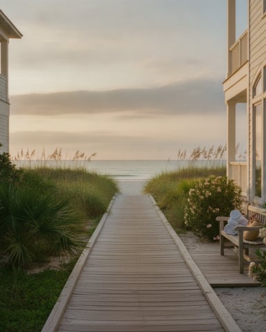 Wooden boardwalk between beach houses leading to ocean with dunes and sea grass