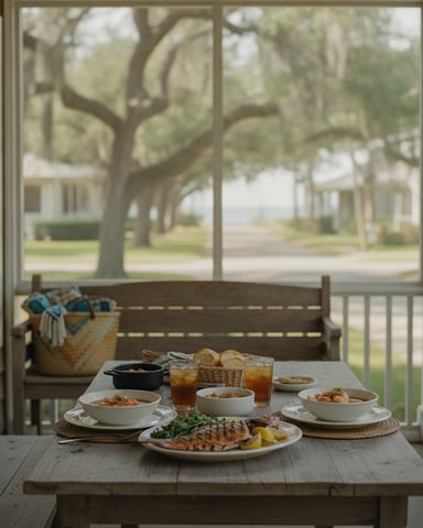 Screened porch with dining table set for meal, large tree and residential street visible through windows