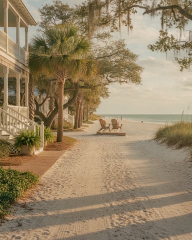 Beachfront house with white railings, palm trees, and Adirondack chairs on sandy beach overlooking ocean.