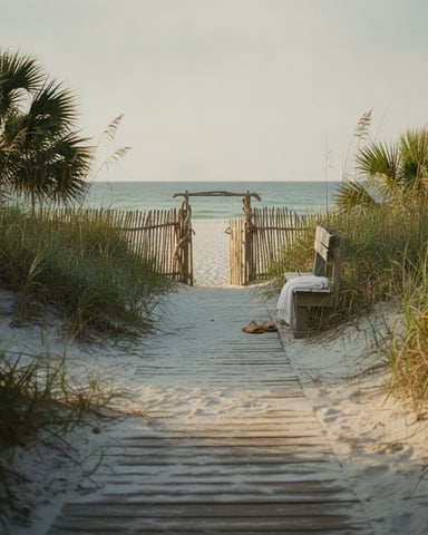 Wooden boardwalk through beach dunes with sea oats and palms leading to ocean and wooden gate