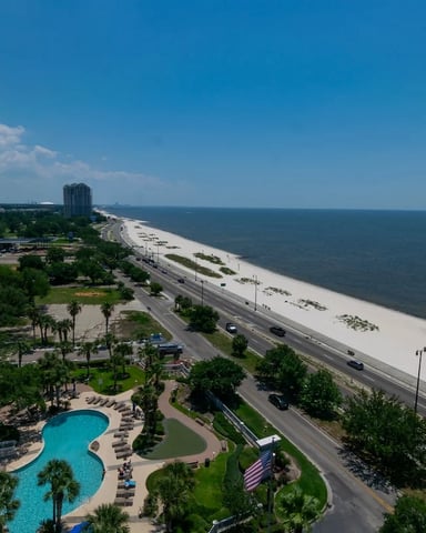 Beachfront high-rise resort with curved pool, palm trees, sandy beach, and calm ocean under clear blue sky