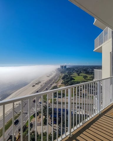 Elevated balcony with white railing overlooking sandy beach, ocean, and coastal town under clear blue sky