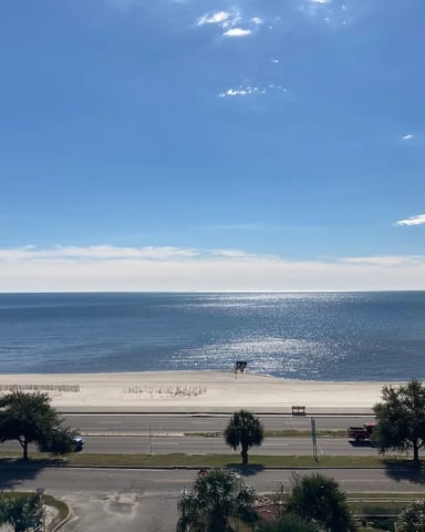 Oceanfront beach view with calm blue water, sandy shore, palm trees, and coastal road under clear sky